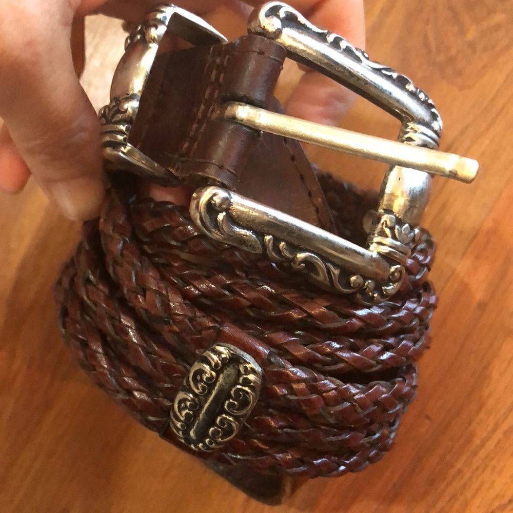 Brighton style genuine leather brown belt with silver detail.